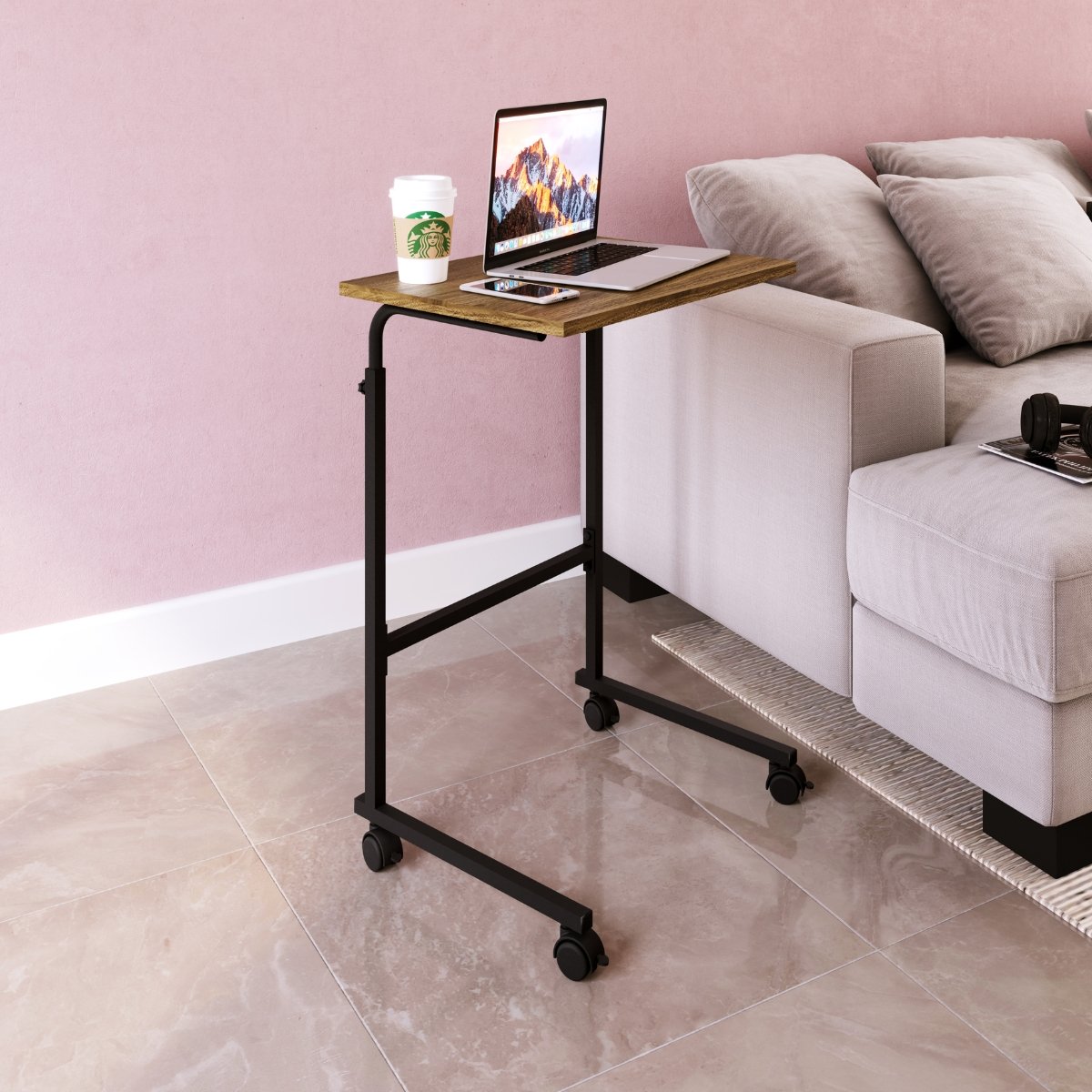 Mesa de Apoio Lateral com Rodízio Ajustável para Sofá Preto / Noce Oro