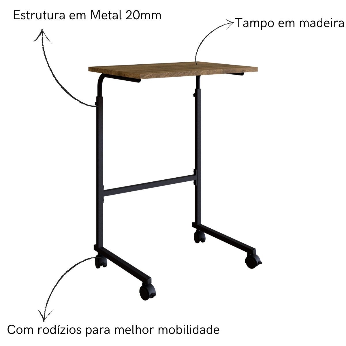 Mesa de Apoio Lateral com Rodízio Ajustável para Sofá Preto / Noce Oro