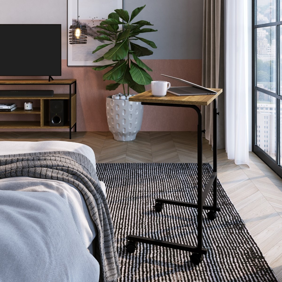 Mesa de Apoio Lateral com Rodízio Ajustável para Sofá Preto / Noce Oro