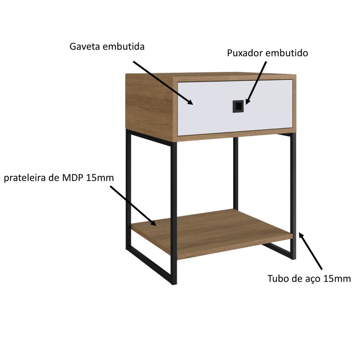 Mesa de Cabeceira e Apoio Lateral Industrial com Gaveta Mel / Branco