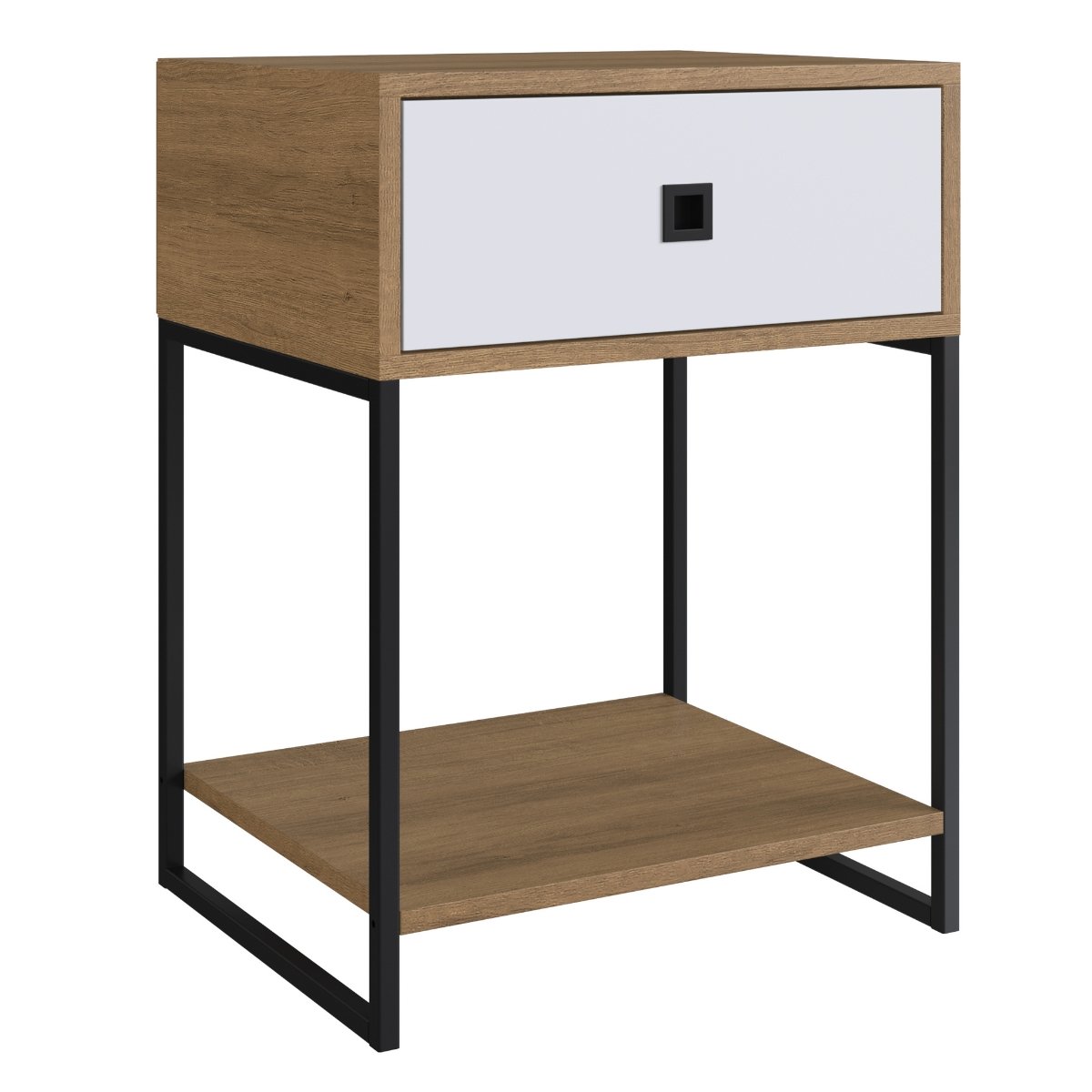 Mesa de Cabeceira e Apoio Lateral Industrial com Gaveta Mel / Branco