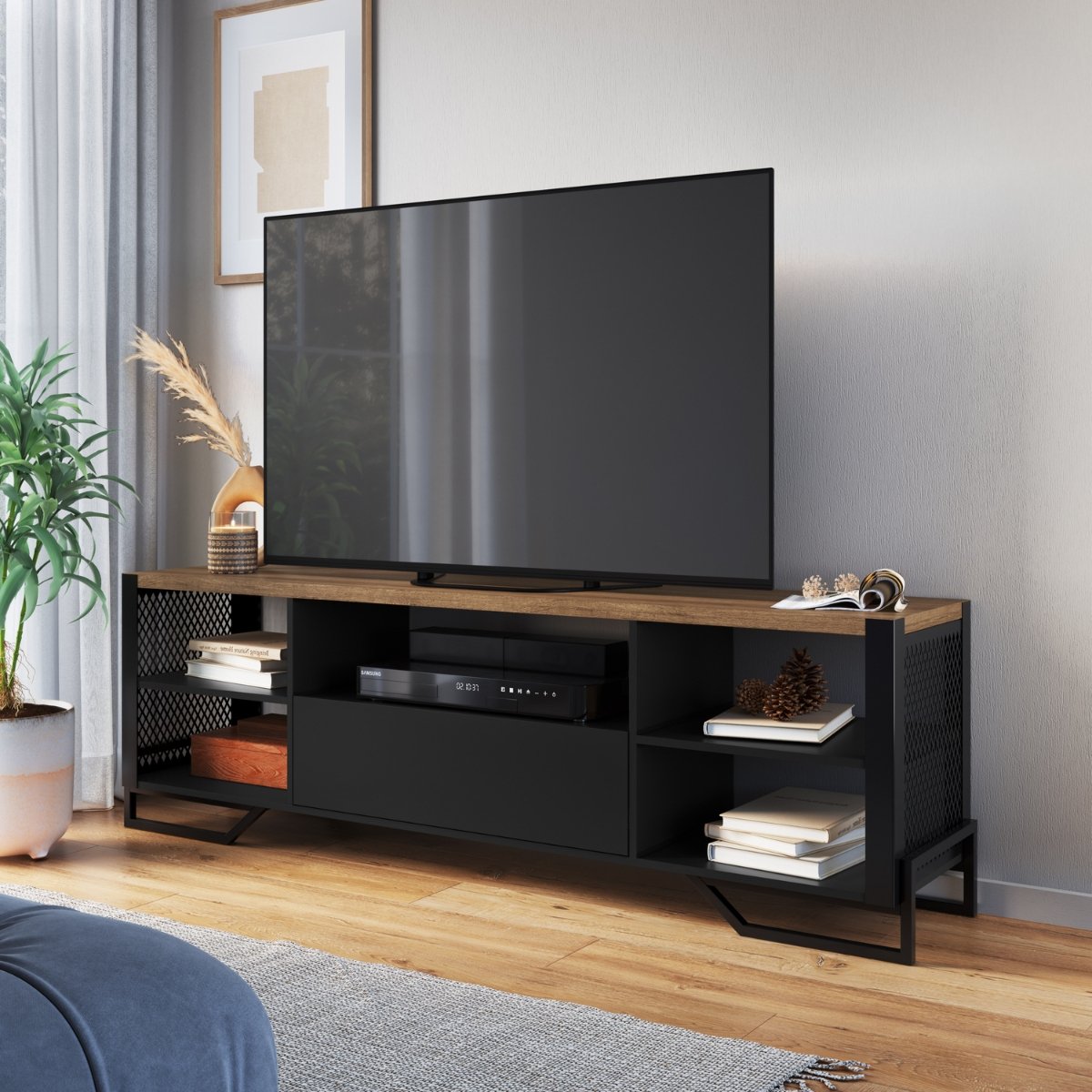 Rack Industrial com Gaveta e Estrutura em Metal Preto