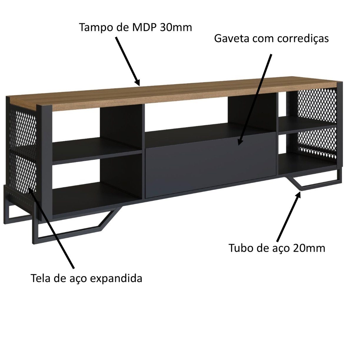Rack Industrial com Gaveta e Estrutura em Metal Preto