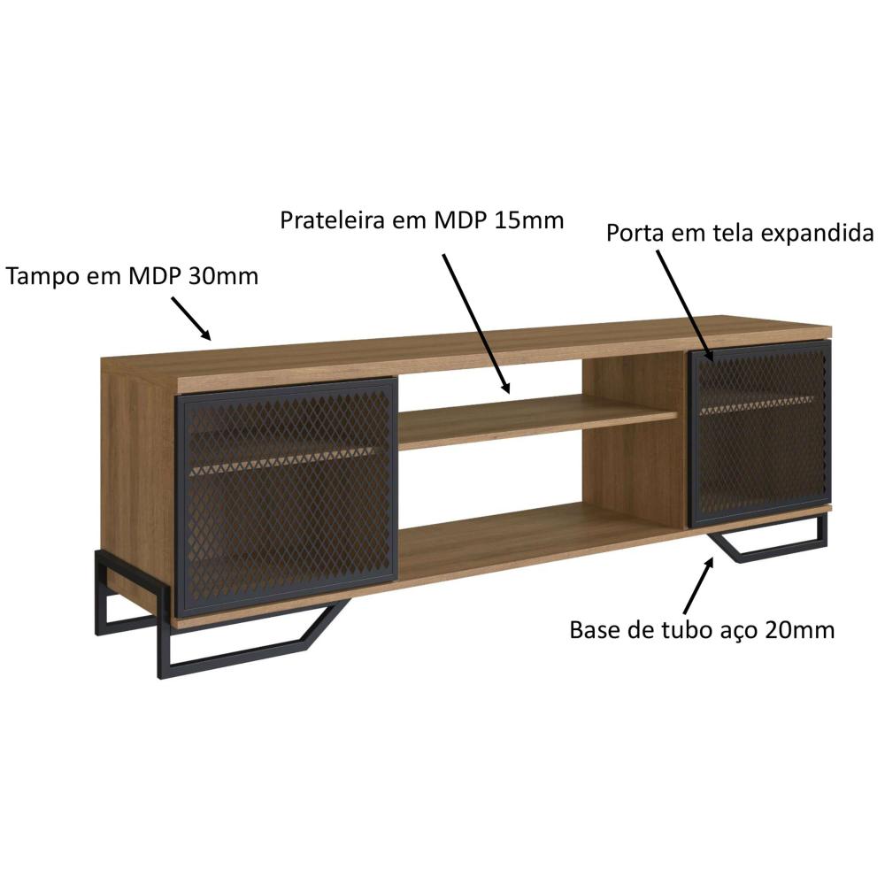Rack Para Tv 60" 183x40x57cm MDP Portas Teladas Estilo Industrial P1027 Preto Mel