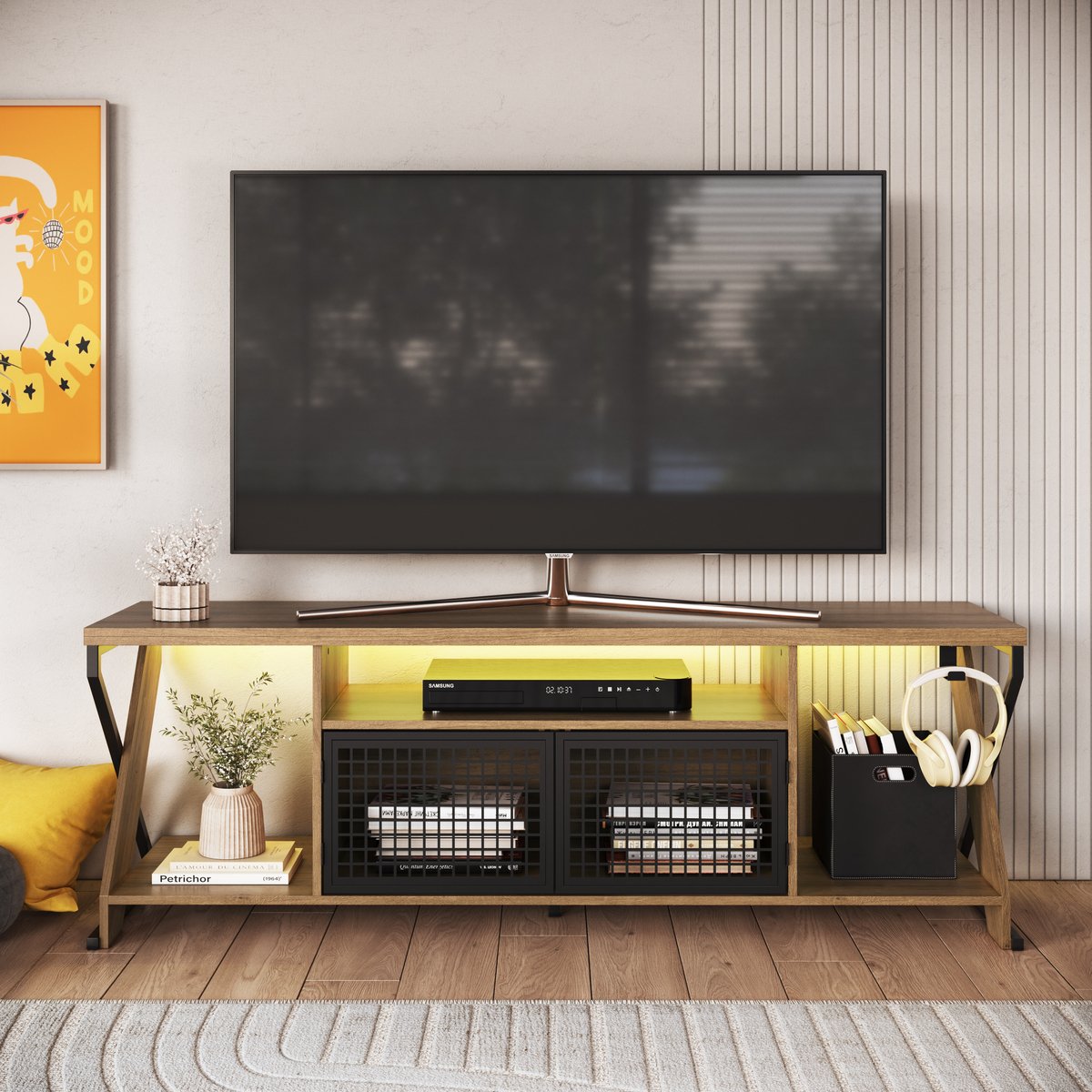 Rack para TV 60 Polegadas Industrial Gamer com RGB 2 Portas  Preto/Mel