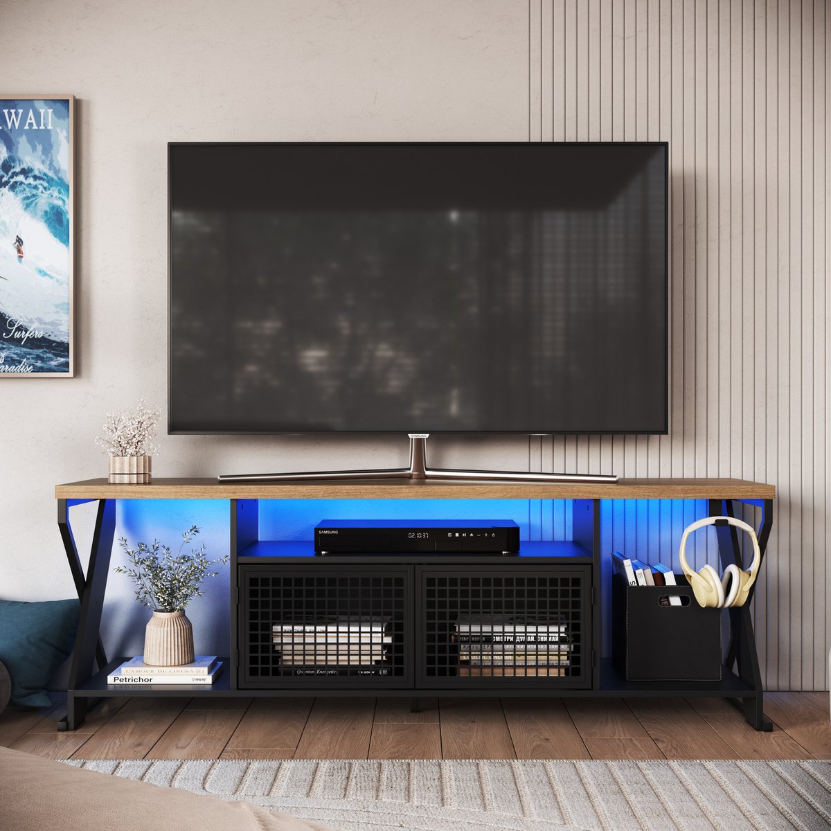 Rack para TV 60 Polegadas Industrial Gamer com RGB 2 Portas  Preto/Preto/Mel