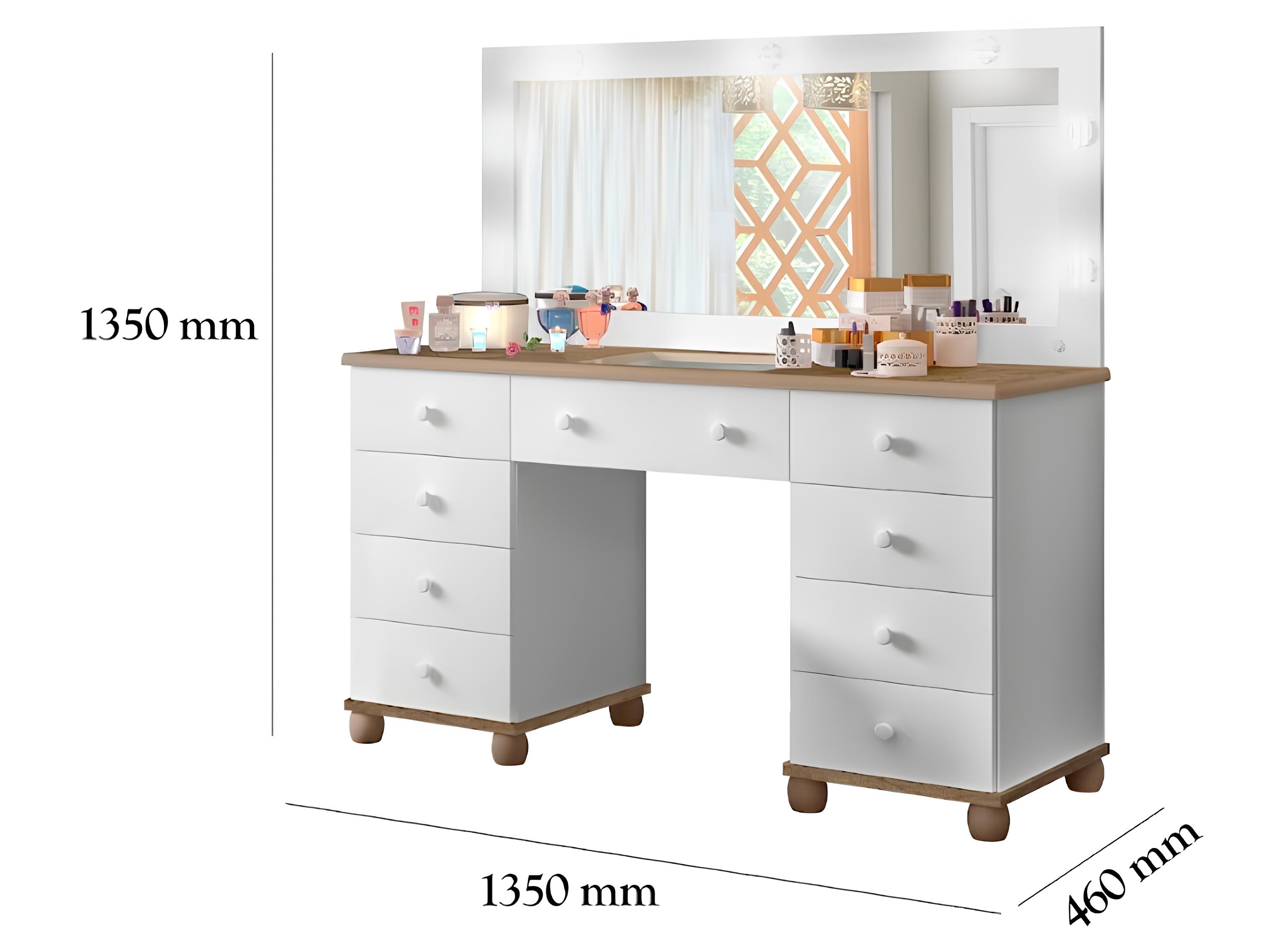 Penteadeira + Banqueta Espelho LED 9 Gavetas Branco/Amêndoa