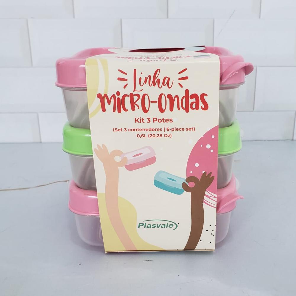 Conjunte 3 Potes de Plástico 600ml Plasvale Vasilhas com Tampa Quadrado Colorido