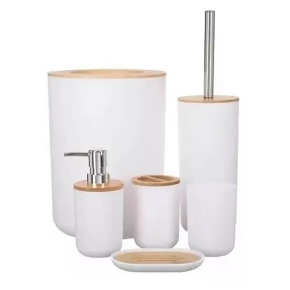 Conjunto Banheiro Bambu 6 Peças Branco Plasvale Lixeira 6,5l Escova Sanitária Acessórios Lavabo