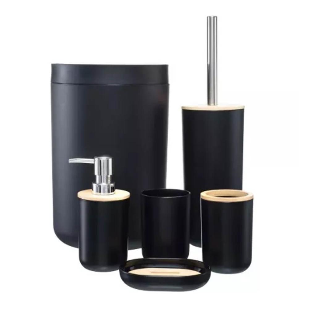 Conjunto Banheiro Bambu 6 Peças Preto Plasvale Lixeira 6,5l