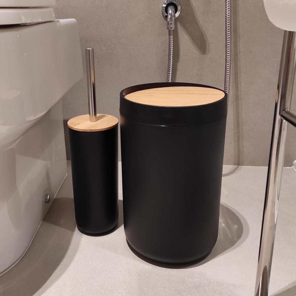 Conjunto Banheiro Bambu 6 Peças Preto Plasvale Lixeira 6,5l