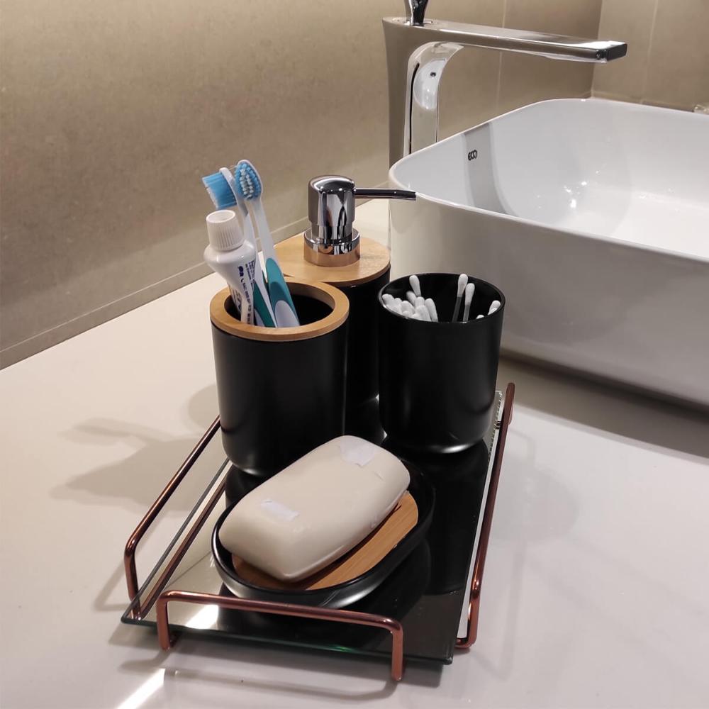 Conjunto Banheiro Bambu 6 Peças Preto Plasvale Lixeira 6,5l