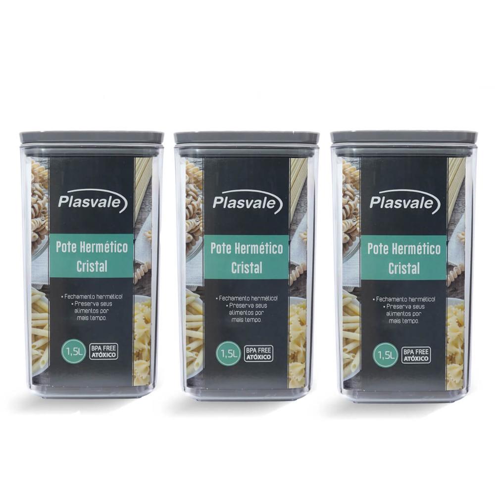 Kit 3 Potes Herméticos 1,5L cada Plasvale Plástico Porta Man