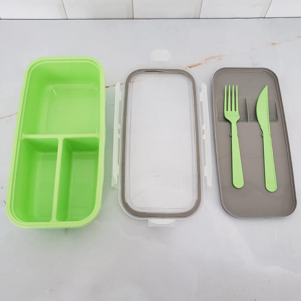 Marmita Hermética Verde com Garfo e Faca 1,2L Pote com Divisórias Tampa Plástico
