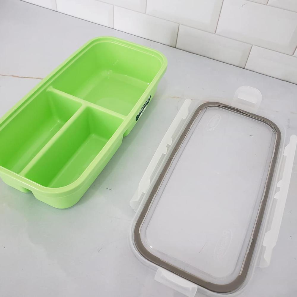 Marmita Hermética Verde com Garfo e Faca 1,2L Pote com Divisórias Tampa Plástico