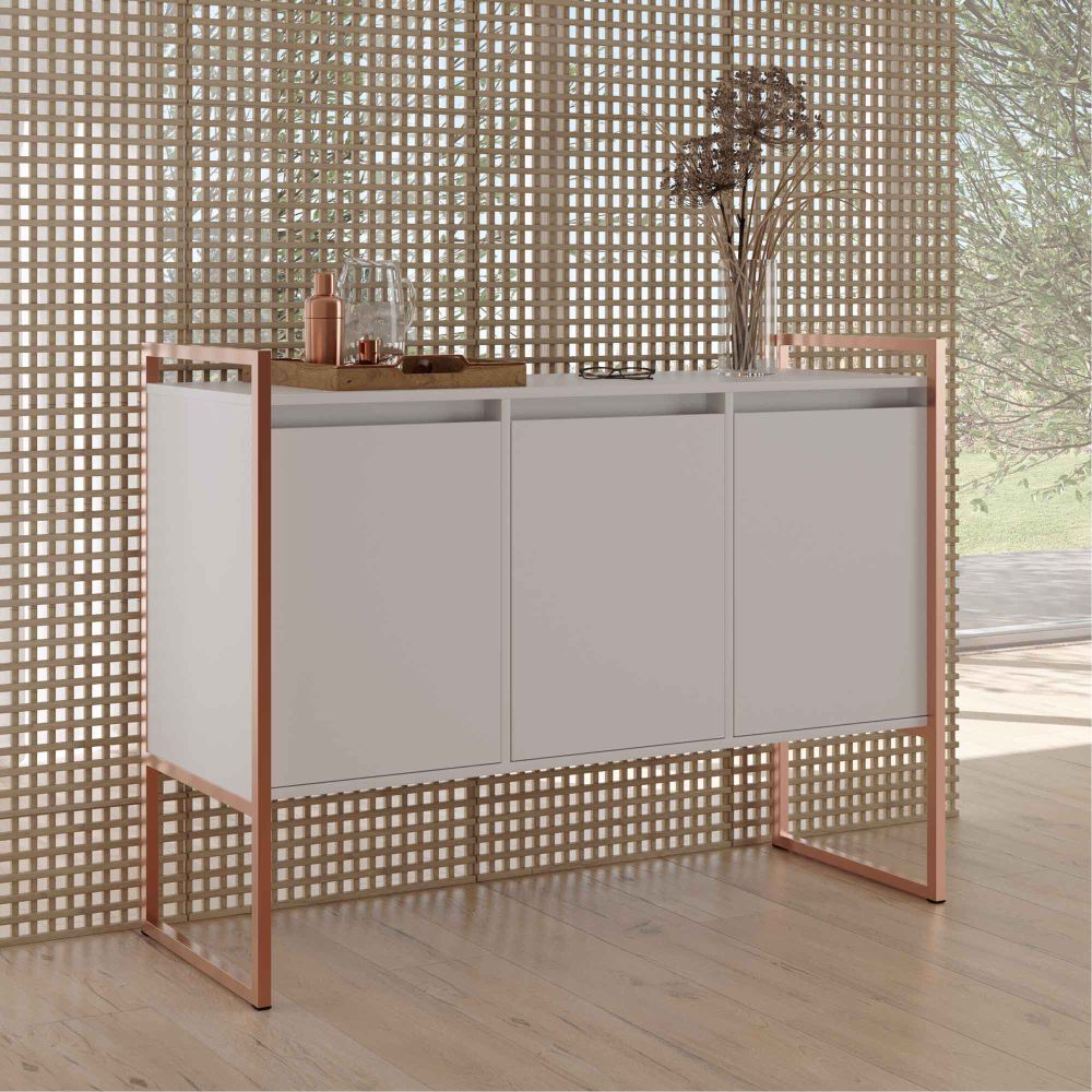 Balcão Buffet Aparador Industrial 3 Portas - Branco/Cobre