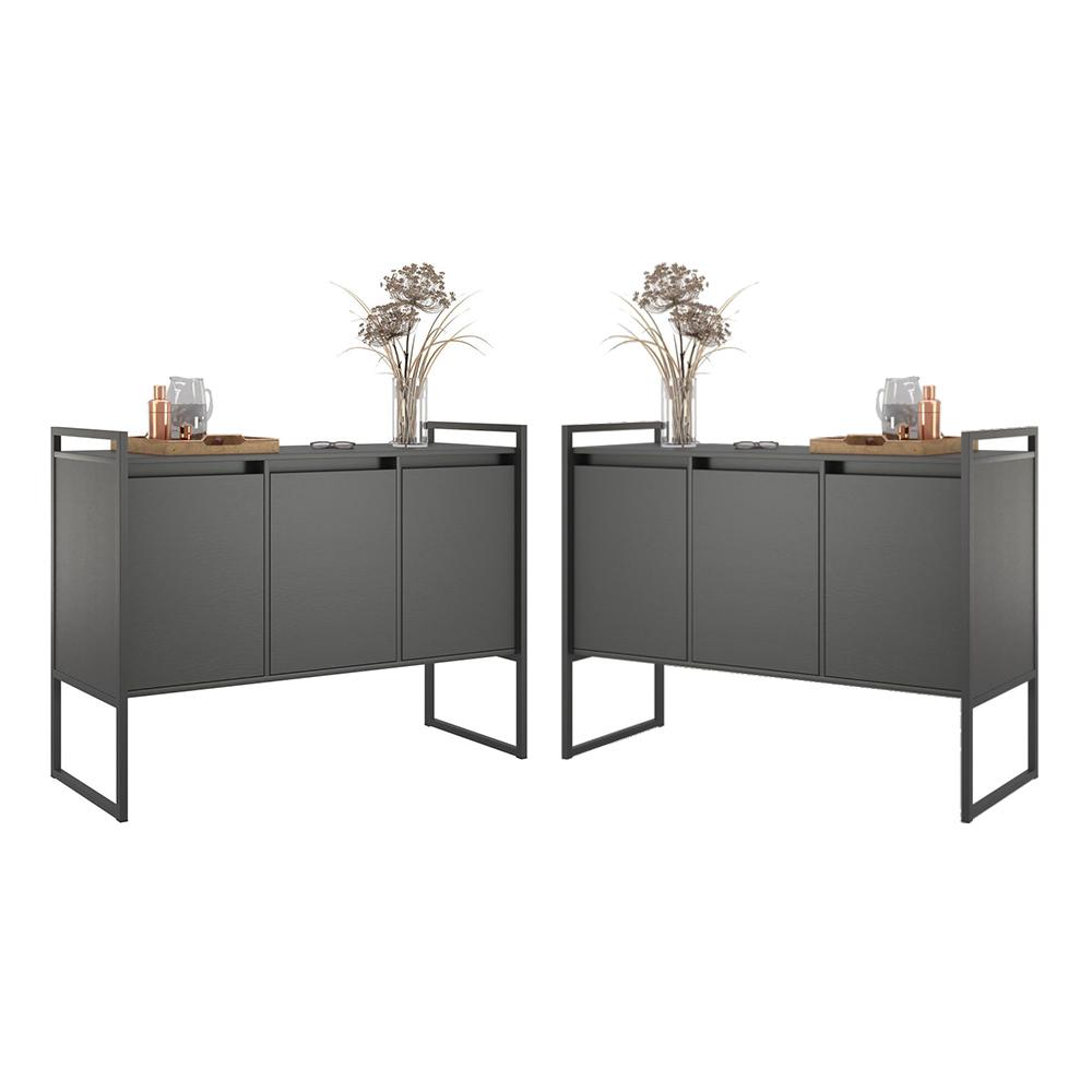 Buffet 3 Portas Rouxe Preto Conjunto 2 Unidades