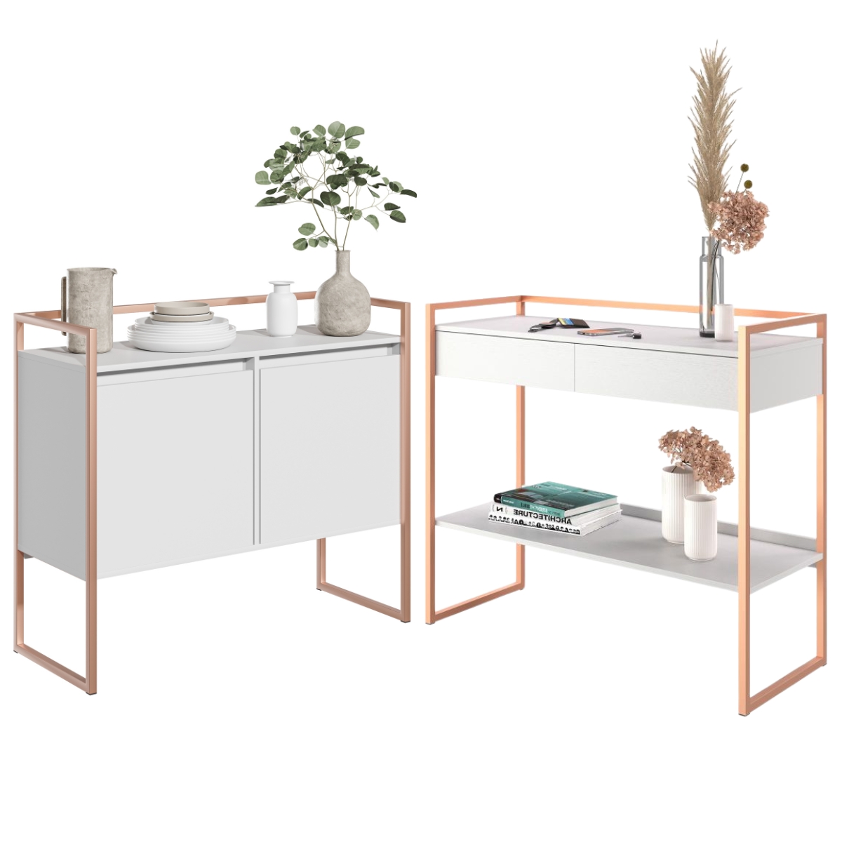 Conjunto Buffet 2 Portas e Aparador Industrial Branco Cobre