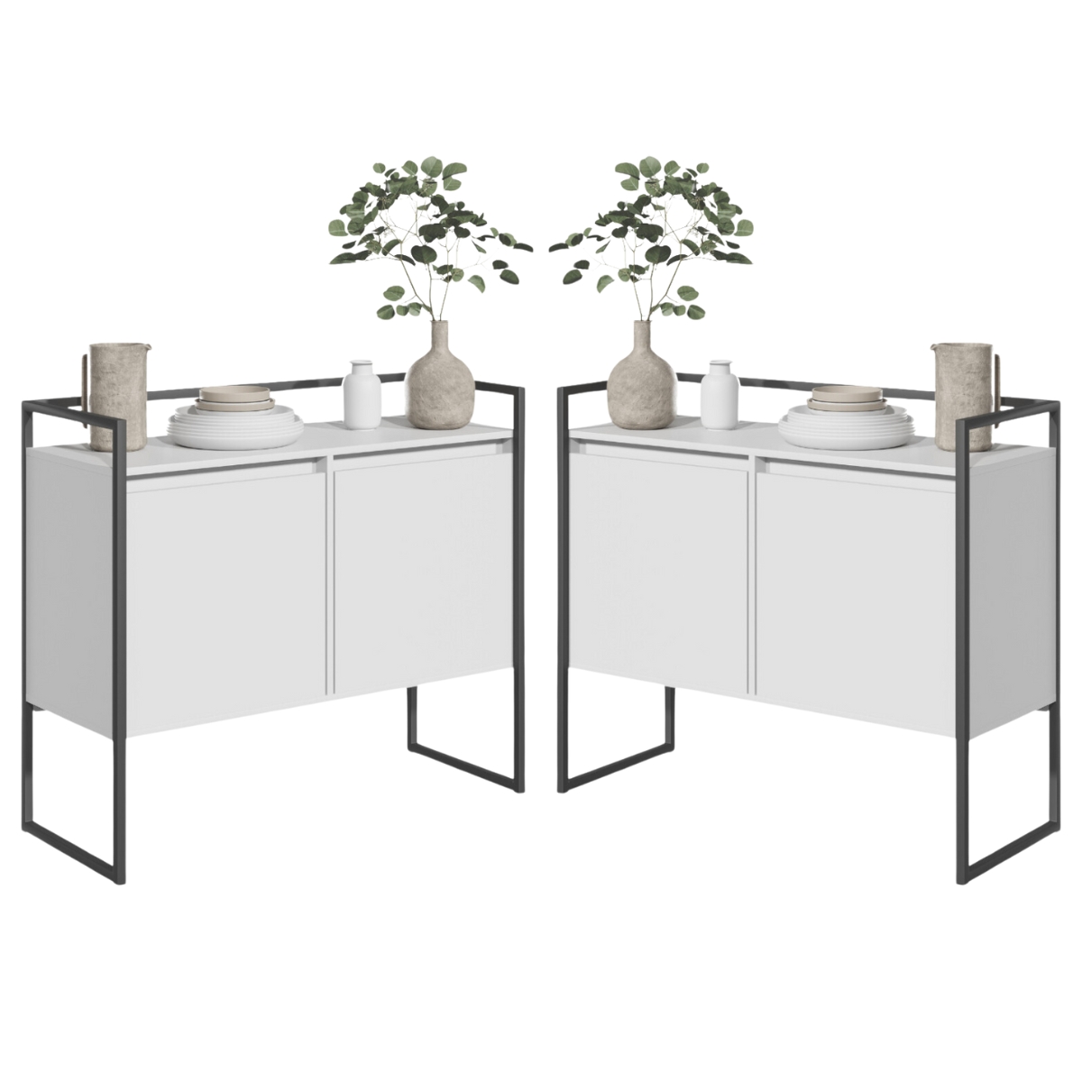 Conjunto Buffet Aparador Industrial 2 Portas Branco Preto