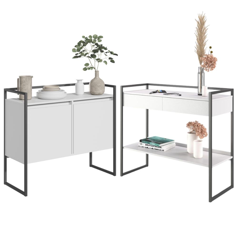 Conjunto Buffet Compacto e Aparador Industrial Branco Preto