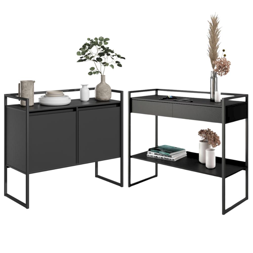 Conjunto Buffet Compacto e Aparador Industrial Preto