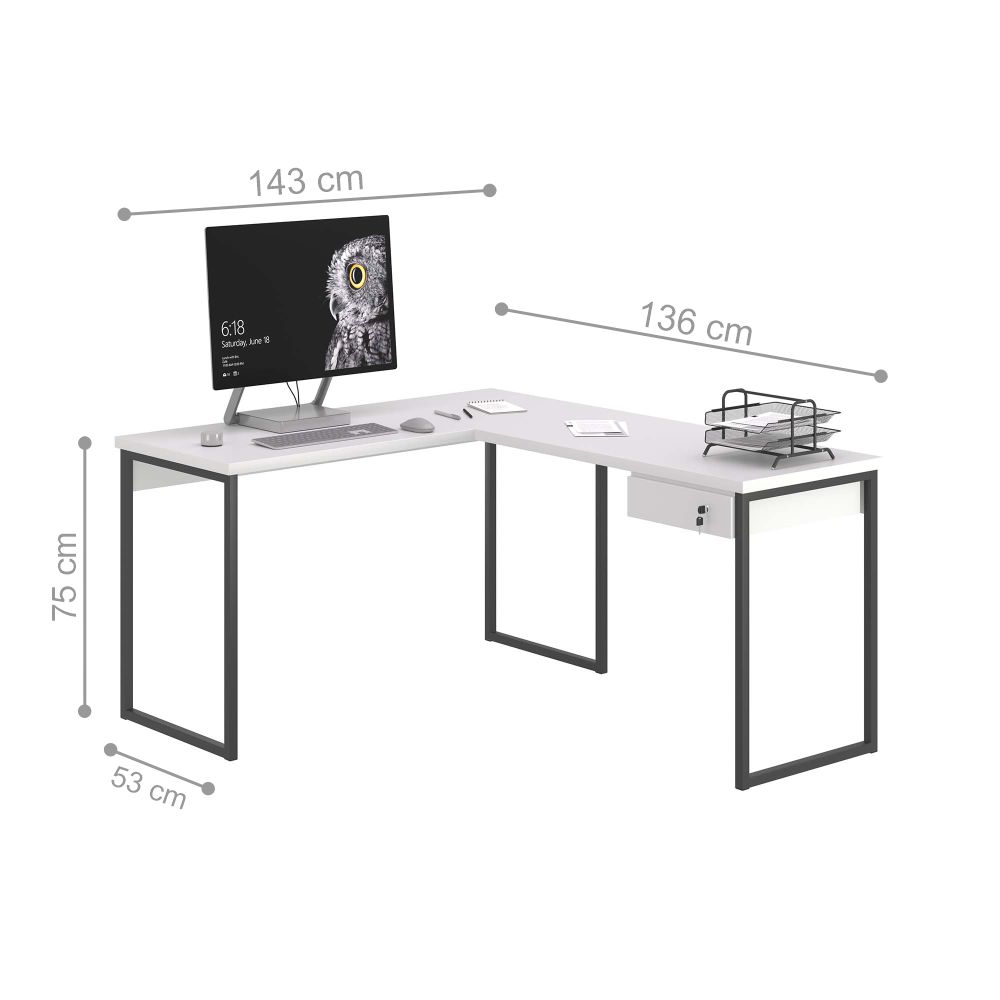 Escrivaninha em L 1 Gavetas Folix Branco