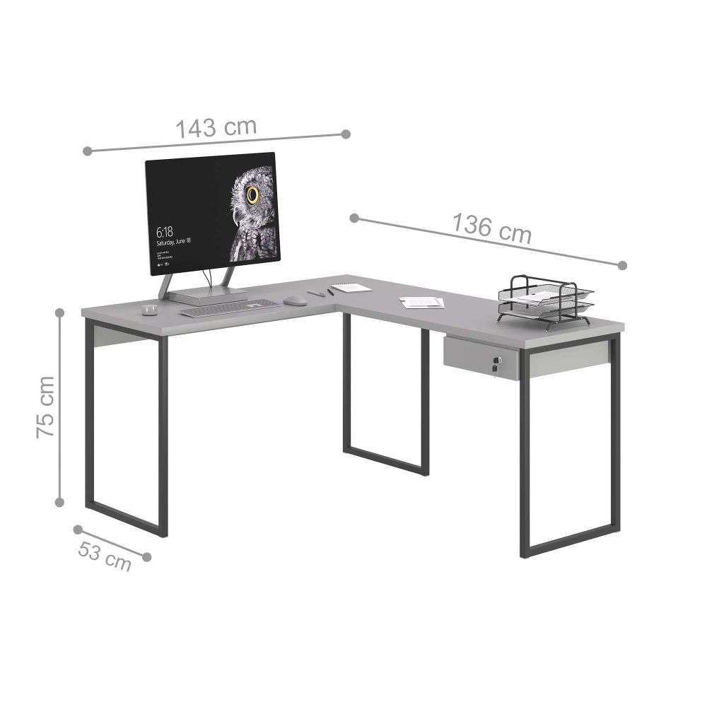 Escrivaninha em L 1 Gavetas Folix Cinza