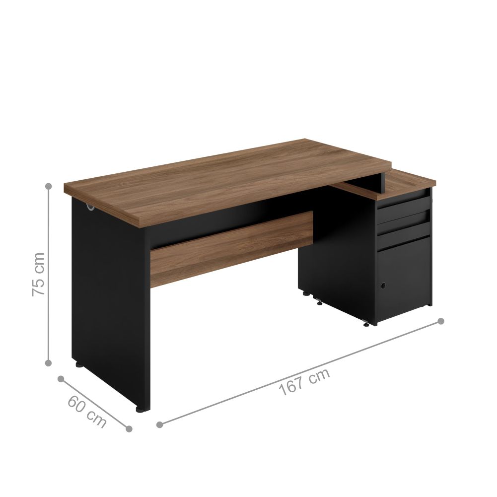 Mesa Escrivaninha Com Gaveteiro Noce Preto