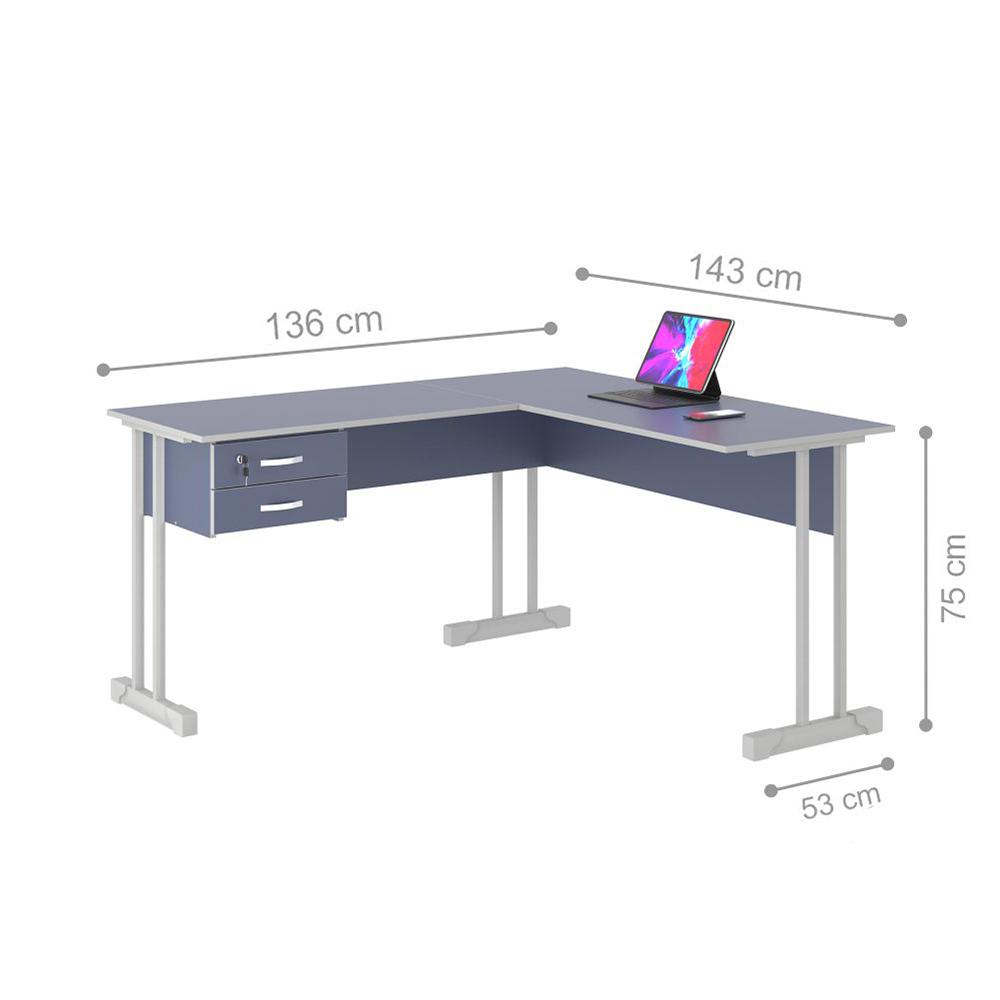 Mesa de Escritório Azul em L Escrivaninha com 2 Gavetas