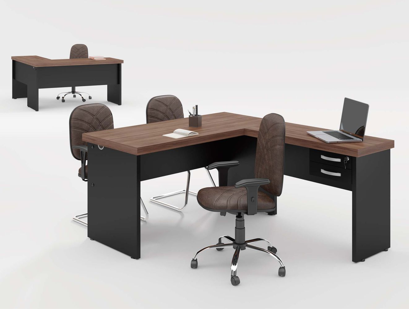 Mesa em L 2 Gavetas Studio Noce Preto