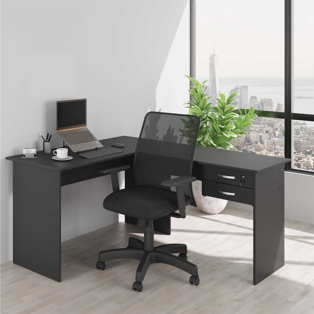 Mesa em L com Gaveta Mantel Preto Onix
