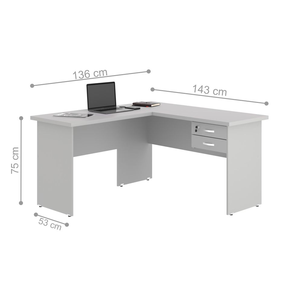 Mesa em L com Gaveteiro Carper Cinza
