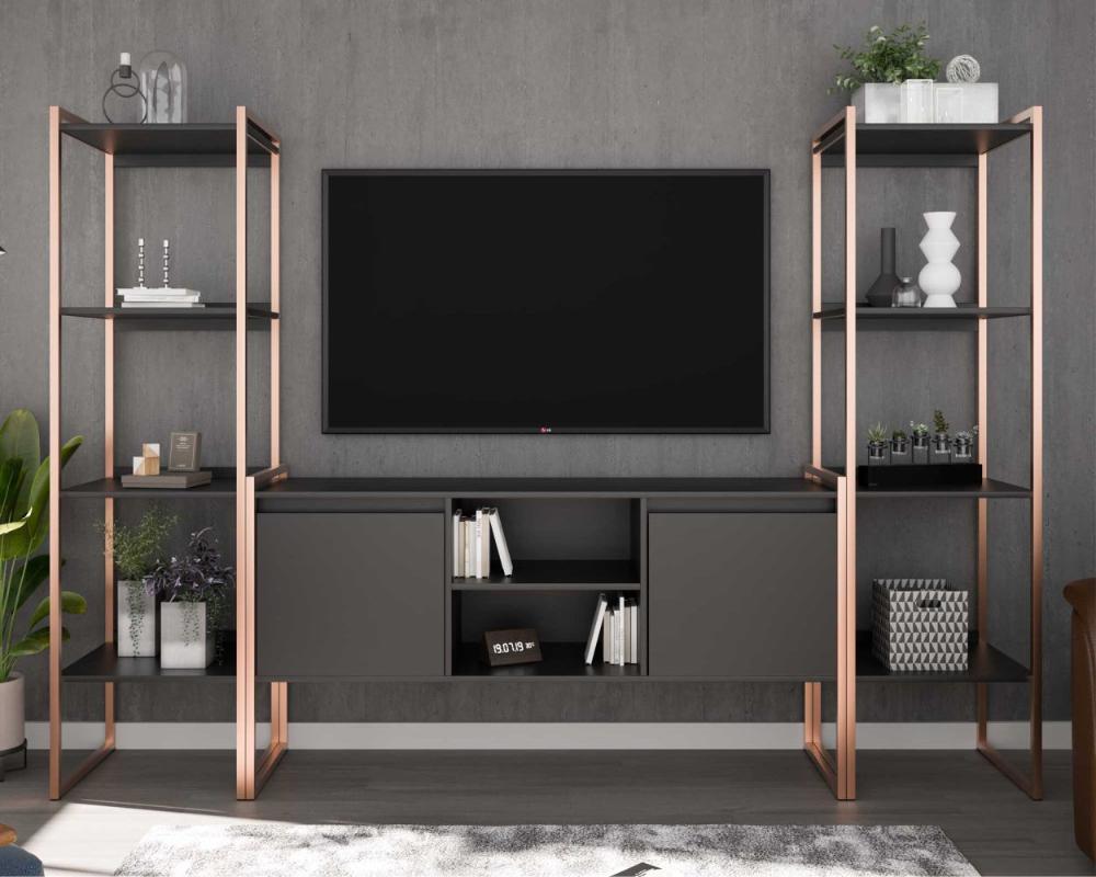 Rack para TV Estilo Industrial com Estante Preto Cobre