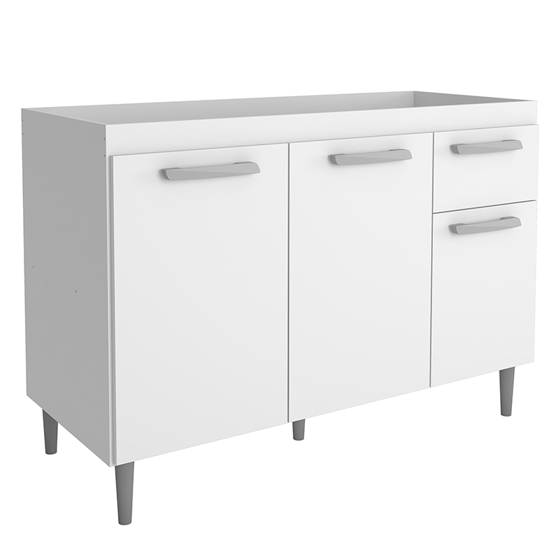 Balcão Sem Tampo Poli para Pia 120cm com 03 Portas e 01 Gaveta Branco