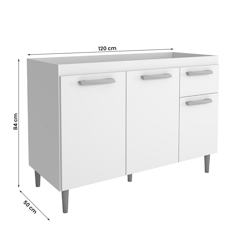 Balcão Sem Tampo Poli para Pia 120cm com 03 Portas e 01 Gaveta Branco