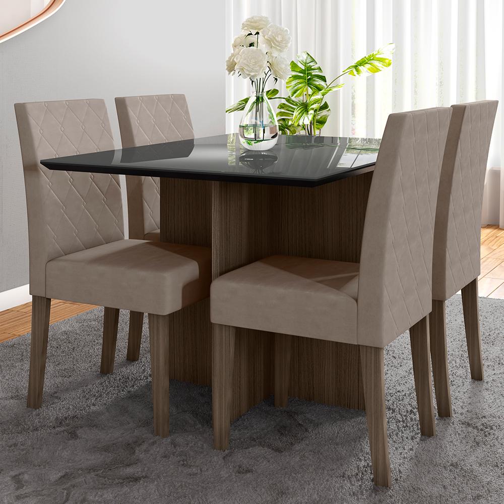 Mesa de Jantar 4 Lugares 1,20m Tampo com Vidro Napoles Amendoa Grafite