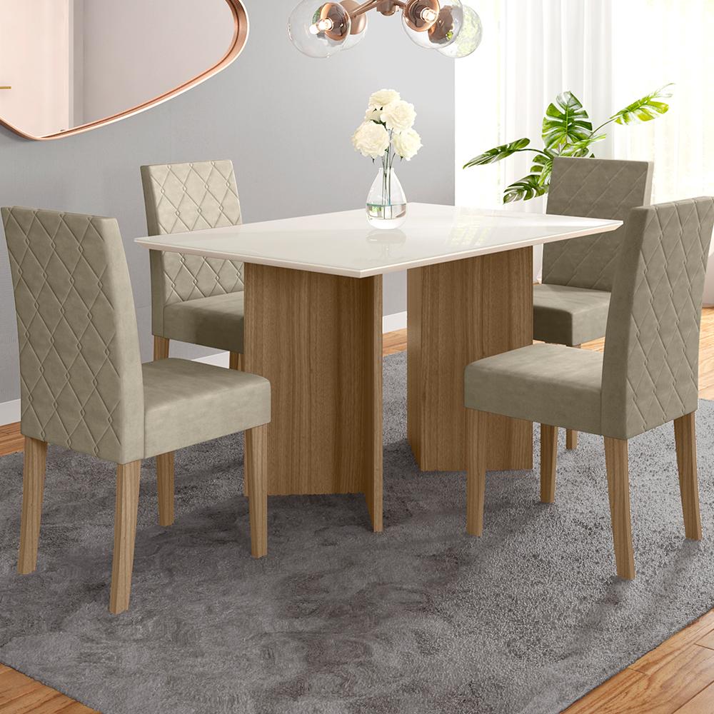 Mesa de Jantar 4 Lugares 1,36m Tampo com Vidro Napoles Carvalho Off-White