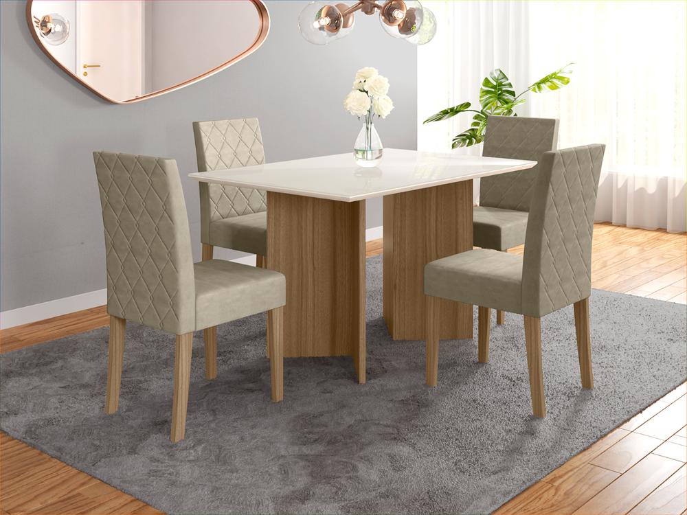 Mesa de Jantar 4 Lugares 1,36m Tampo com Vidro Napoles Carvalho Off-White