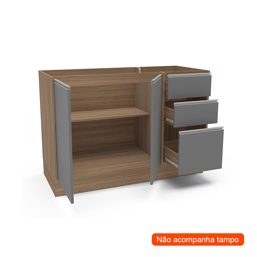 Balcão de Cozinha Campanele 2 Portas 3 Gavetas Castanho e Cinza