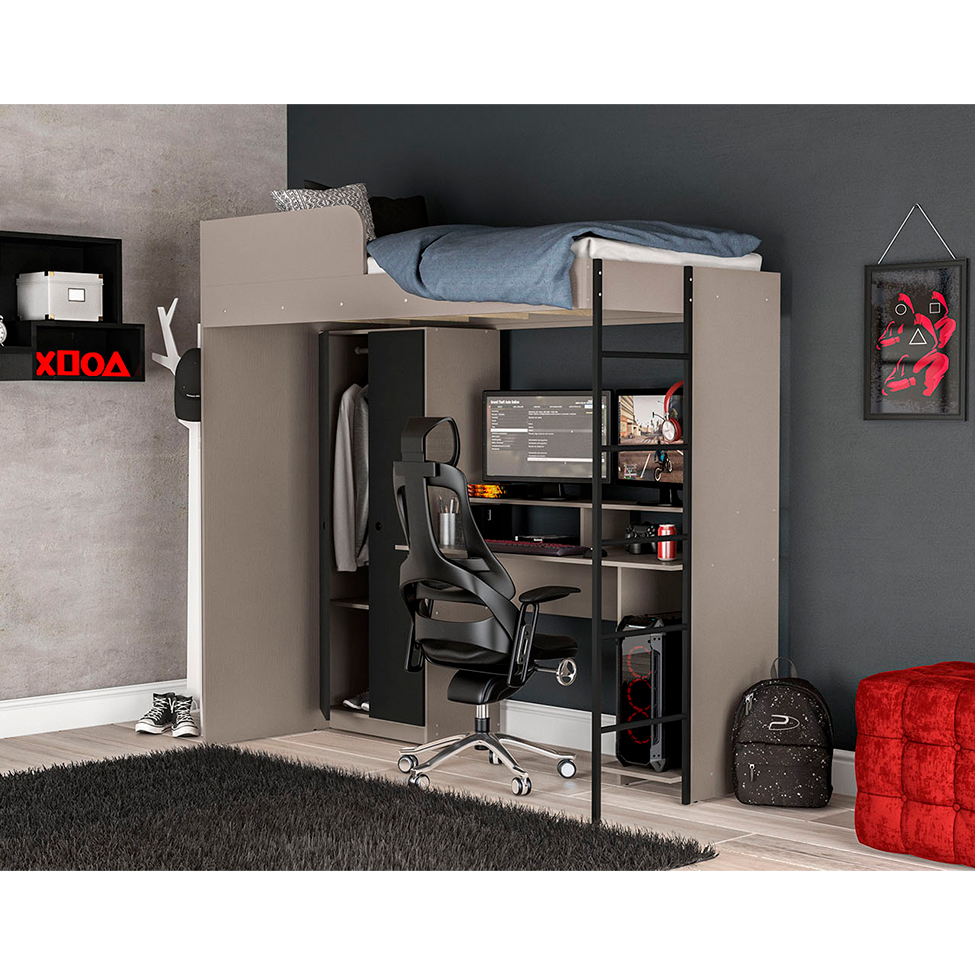 Cama Solteiro Multifuncional Konza 2 PT Cinza e Preta