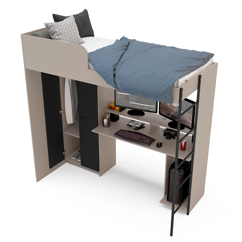 Cama Solteiro Multifuncional Konza 2 PT Cinza e Preta
