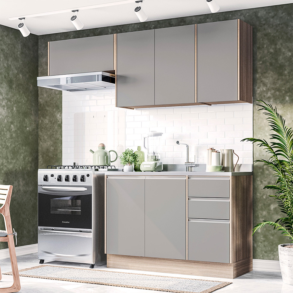 Cozinha Compacta Campanele 6 Portas 3 Gavetas Castanho e Cinza