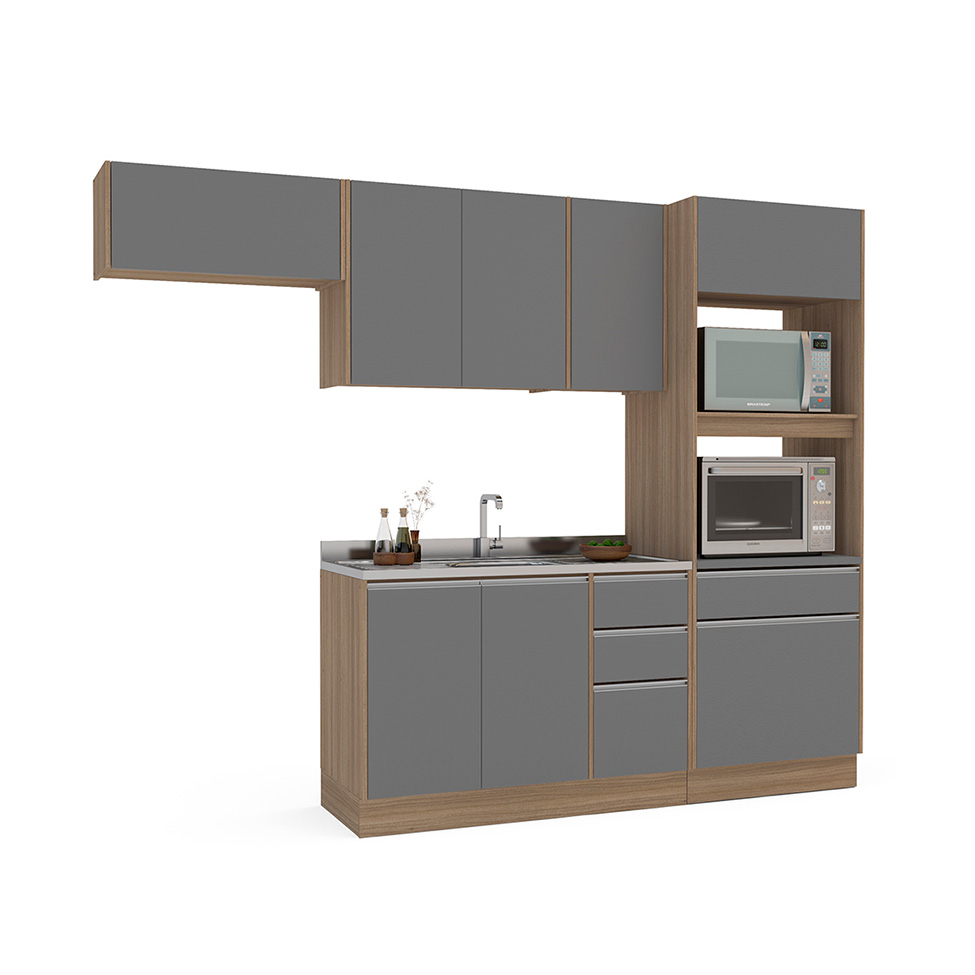 Cozinha Compacta Campanele 8 Portas 4 Gavetas Castanho e Cinza