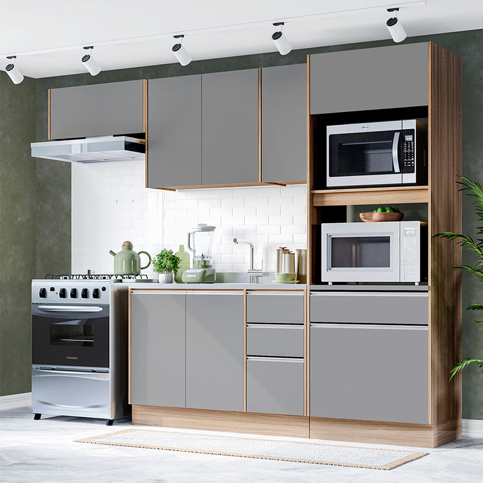 Cozinha Compacta Campanele 8 Portas 4 Gavetas Castanho e Cinza