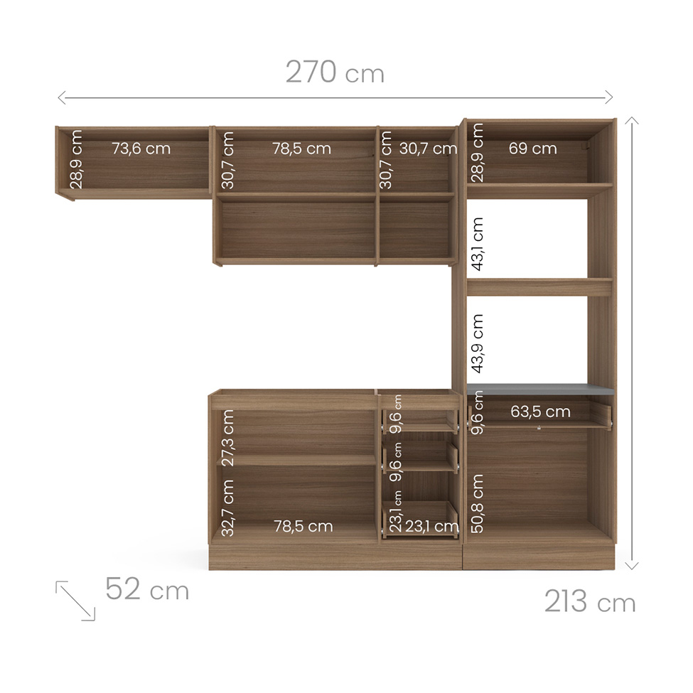 Cozinha Compacta Campanele 8 Portas 4 Gavetas Castanho e Cinza
