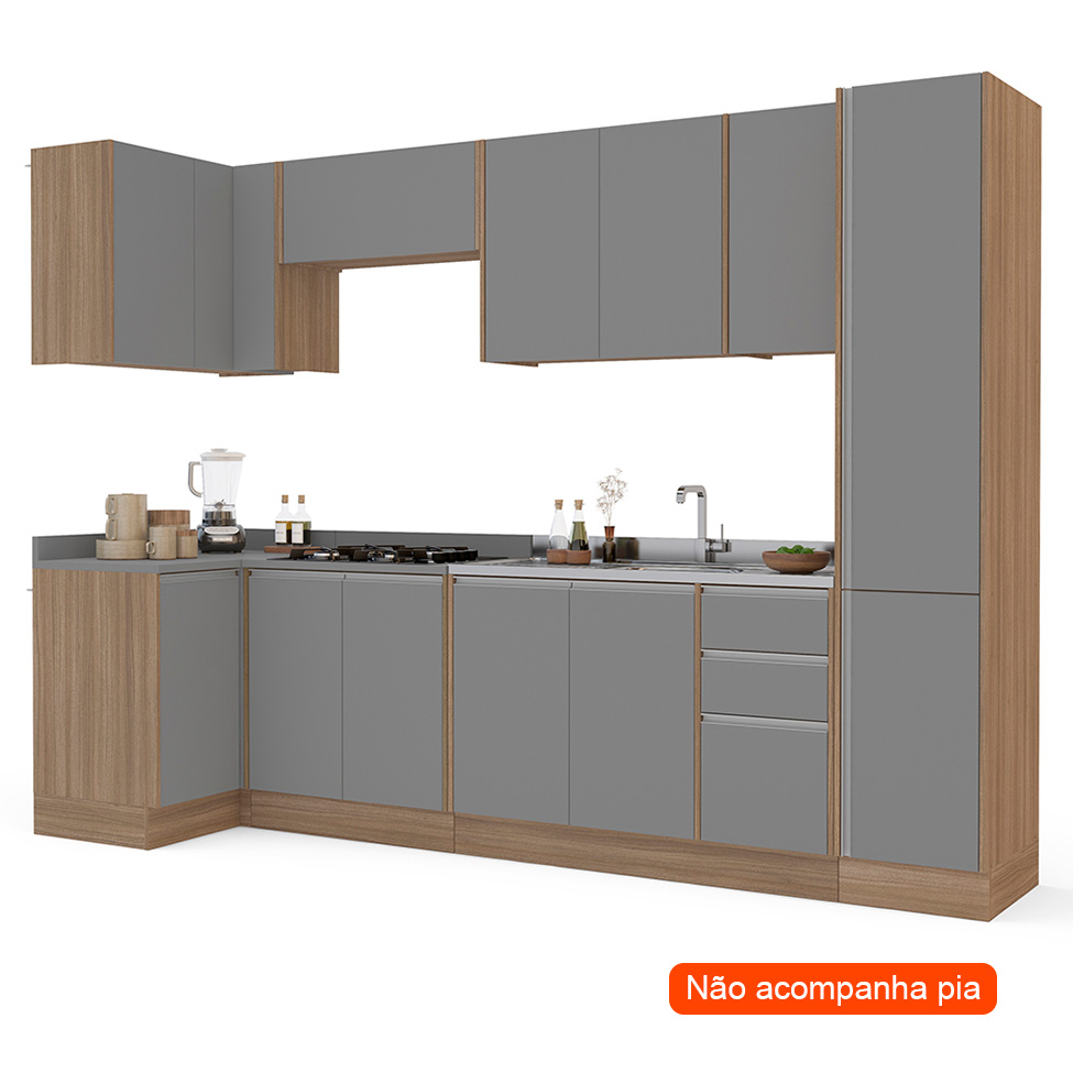 Cozinha Completa Campanele 13 Portas 3 Gavetas Castanho e Cinza