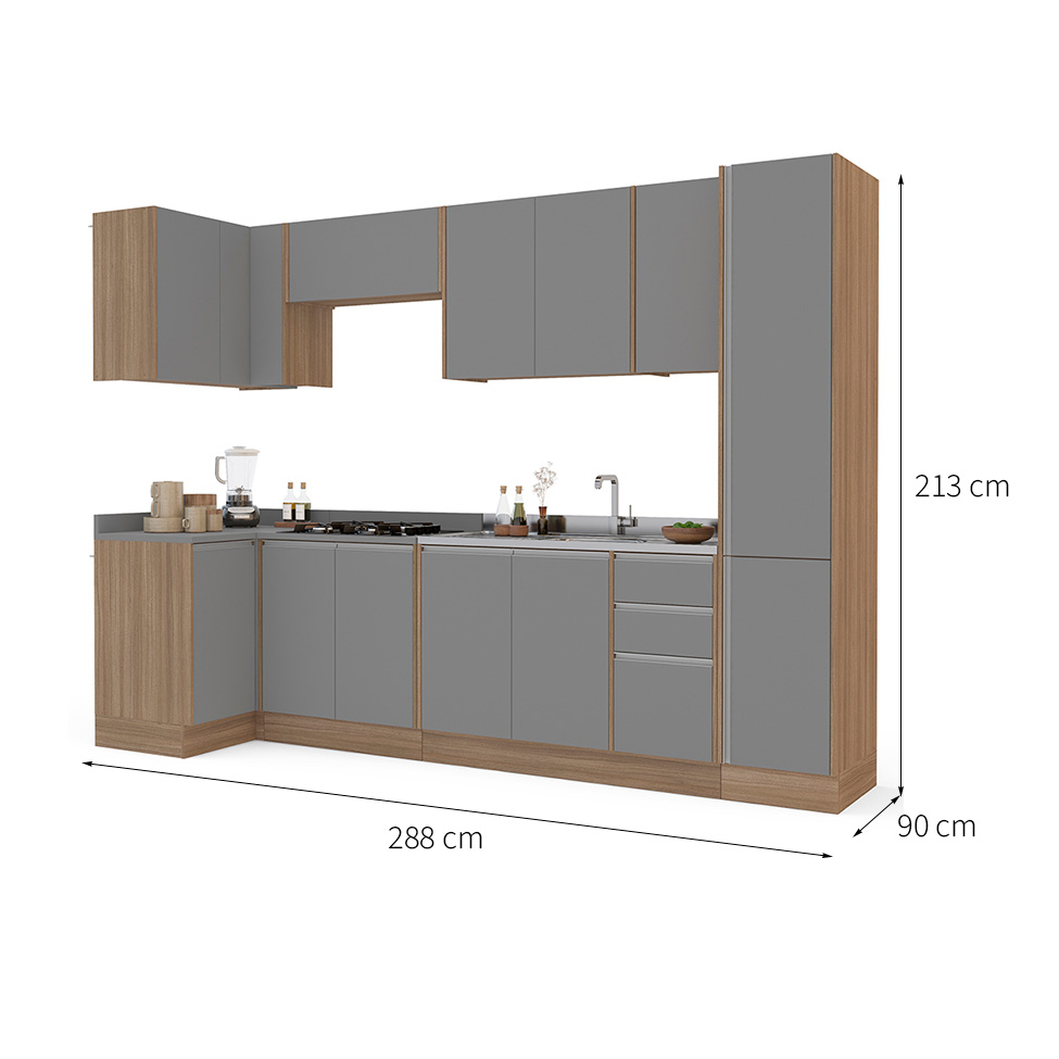 Cozinha Completa Campanele 13 Portas 3 Gavetas Castanho e Cinza