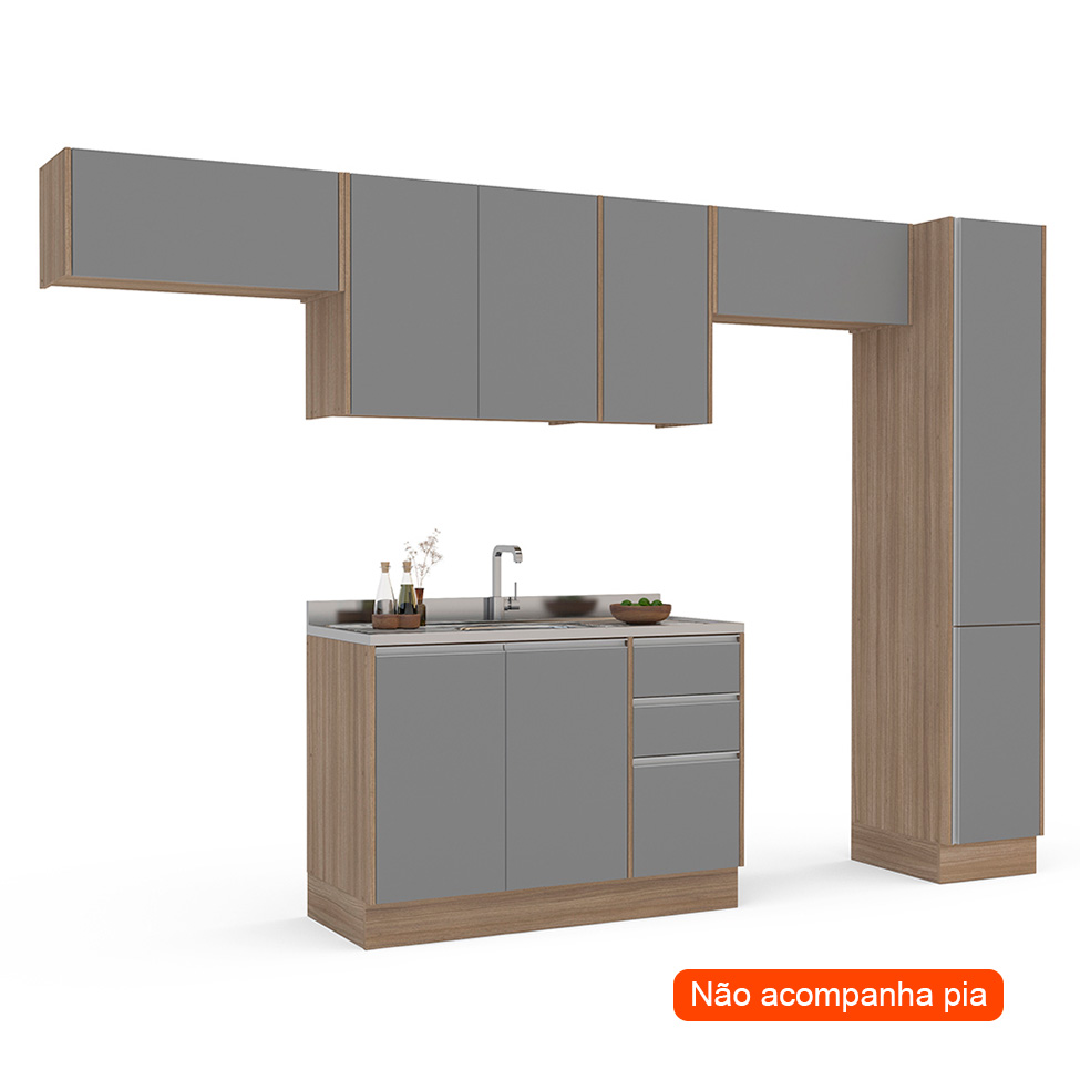 Cozinha Completa Campanele 9 Portas 3 Gavetas Castanho e Cinza