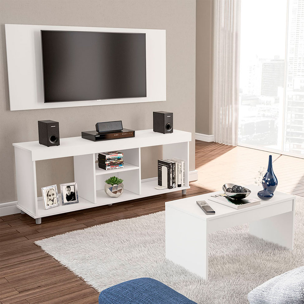 Conjunto Sala de Estar Painel com Rack e Mesa de Centro Branco