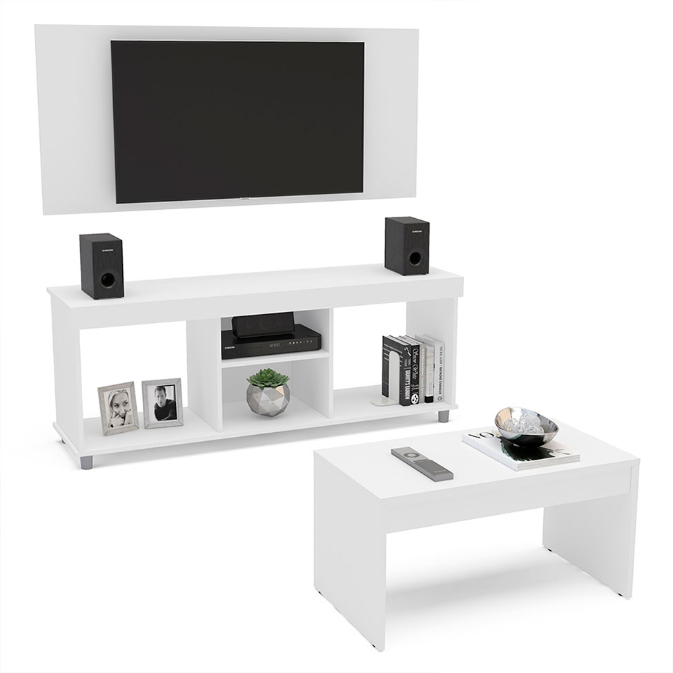 Conjunto Sala de Estar Painel com Rack e Mesa de Centro Branco